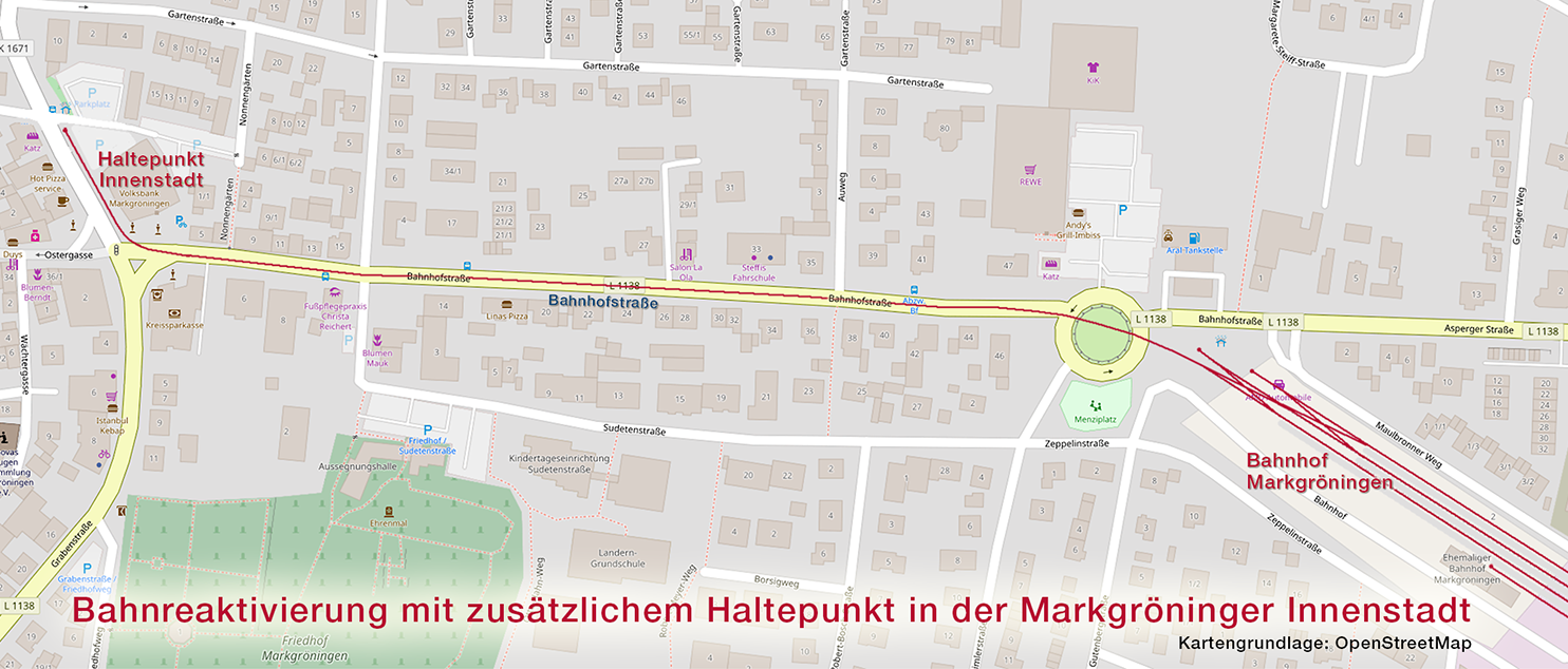 Eisenbahn-Haltepunkt Innenstadt auf der Markgröninger Bahnhofstraße - umgebaut zur Einbahnstraße.