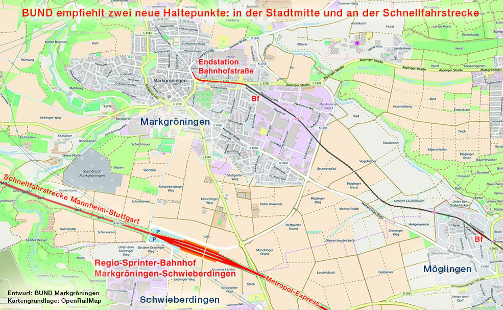 BUND-Vorschläge für zwei neue Haltepunkte an der verlängerten Nebenbahn und an der Schnellfahrtrasse Mannheim–Stuttgart. Kartengrundlage: OpenRailMap 